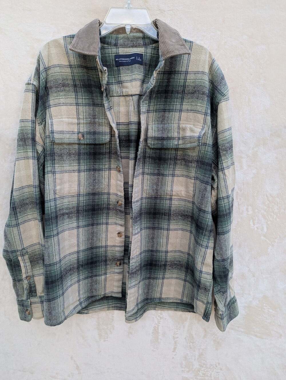 Abercrombie & Fitch 90's Oversized Green Plaid Flannel Shirt & Corduroy Collar L
